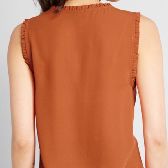 Modcloth V-Neck Ruffle Trim Top Rust Sienna Color Sleeveless Soft Pleat Drape - Picture 3 of 3